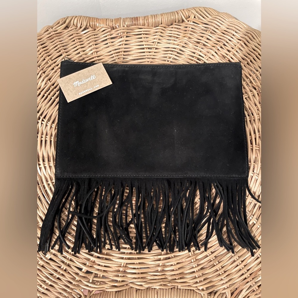 MADEWELL Black Suede and Leather Fringe Pouch Clutch.